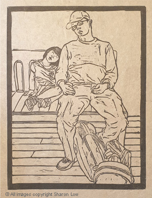 Day at the museum - Linocut relief print 200x1500mm by Sharon Low