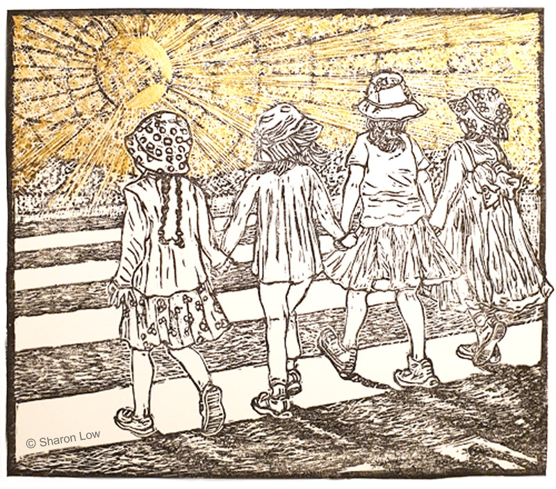 Here comes the sun (little darlings) - Linocut relief print 150x180mm by Sharon Low 2022