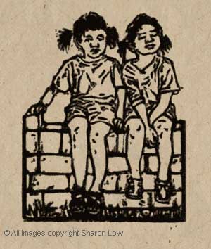 On the fence or Twins in the sun - Fine art linocut relief print - 80 x 100 mm on Nepalese Lokta paper