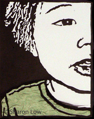 Siblings Four (Detail - Tammy) - Softcut relief print by Sharon Low 2011