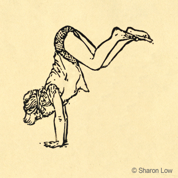 Day at the Beach (handstand on the sand) - Linocut relief print by Sharon Low 2014