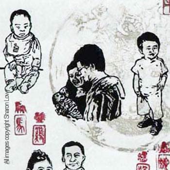 Dragon family scroll (Detail: James, Deborah, Peter, baby James, Lucas) - Fine art woodcut and linocut relief print Approx 200 x 700 mm by Sharon Low