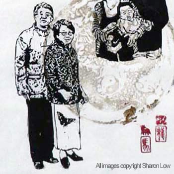 Dragon family scroll (Detail: Ernest and Veronica) - Fine art woodcut and linocut relief print Approx 200 x 700 mm by Sharon Low