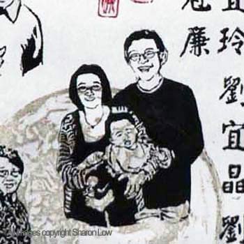 Dragon family scroll (Detail: Gregory, Stephanie, baby Lucas) - Fine art woodcut and linocut relief print Approx 200 x 700 mm by Sharon Low