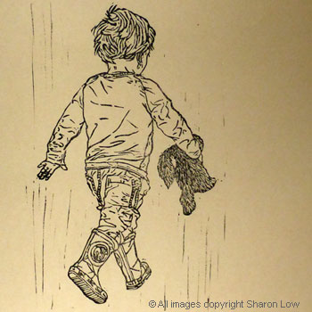 Have bunny, will travel - Linocut relief print by Sharon Low 2015