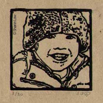 What a laugh! or Lynsey laughing - Linocut relief print by Sharon Low 2012