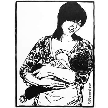 Mother and Child (Min-Min and Daniel) - Woodcut relief print by Sharon Low 2012