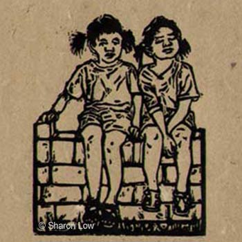On the fence or Twins in the sun - Linocut relief print by Sharon Low 2011