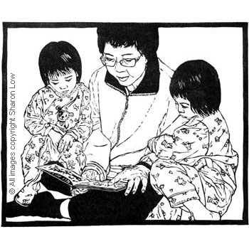 Storytime - Linocut relief print by Sharon Low 2014