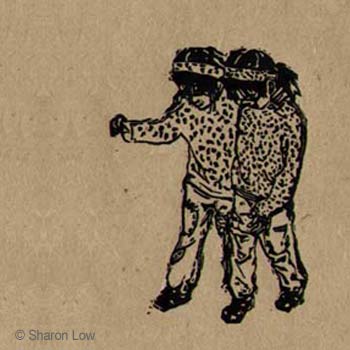 Three-legged race - Linocut relief print by Sharon Low 2011